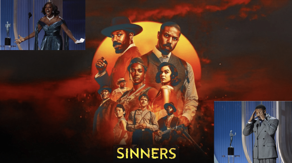 Sinners poster with Viola Davis awarding Michael B. Jordan Actor Award.