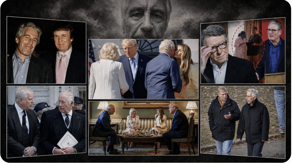 King Charles state visit to America with collage of Esptein, Starmer, Trump, Andrew and Mandelson
