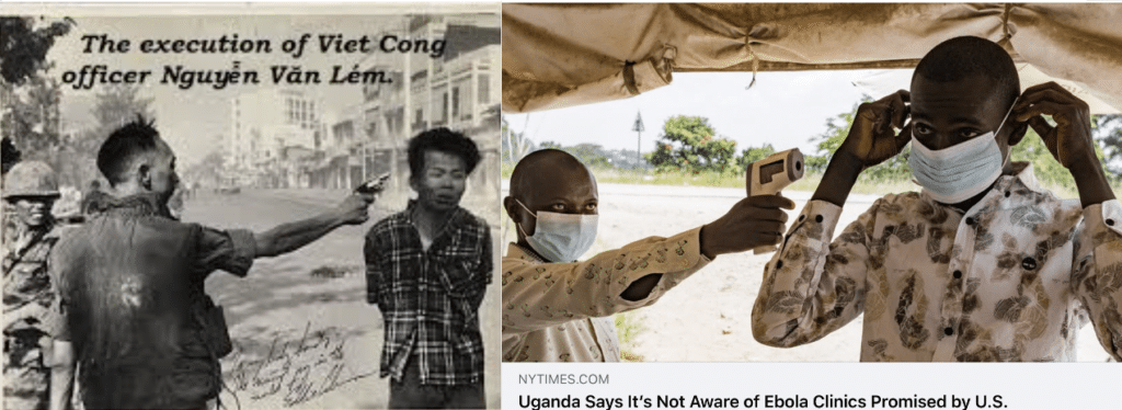 image of famous saigon execution and Ebola health worker taking temperature of patient