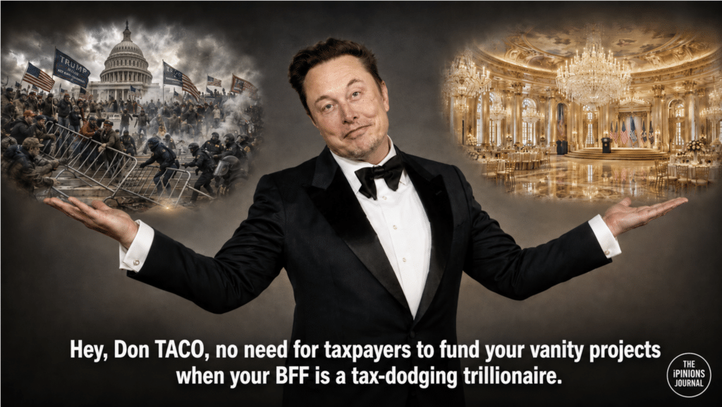 Elon musk posing with images of Trump's Jan 6 rioters and ballroom