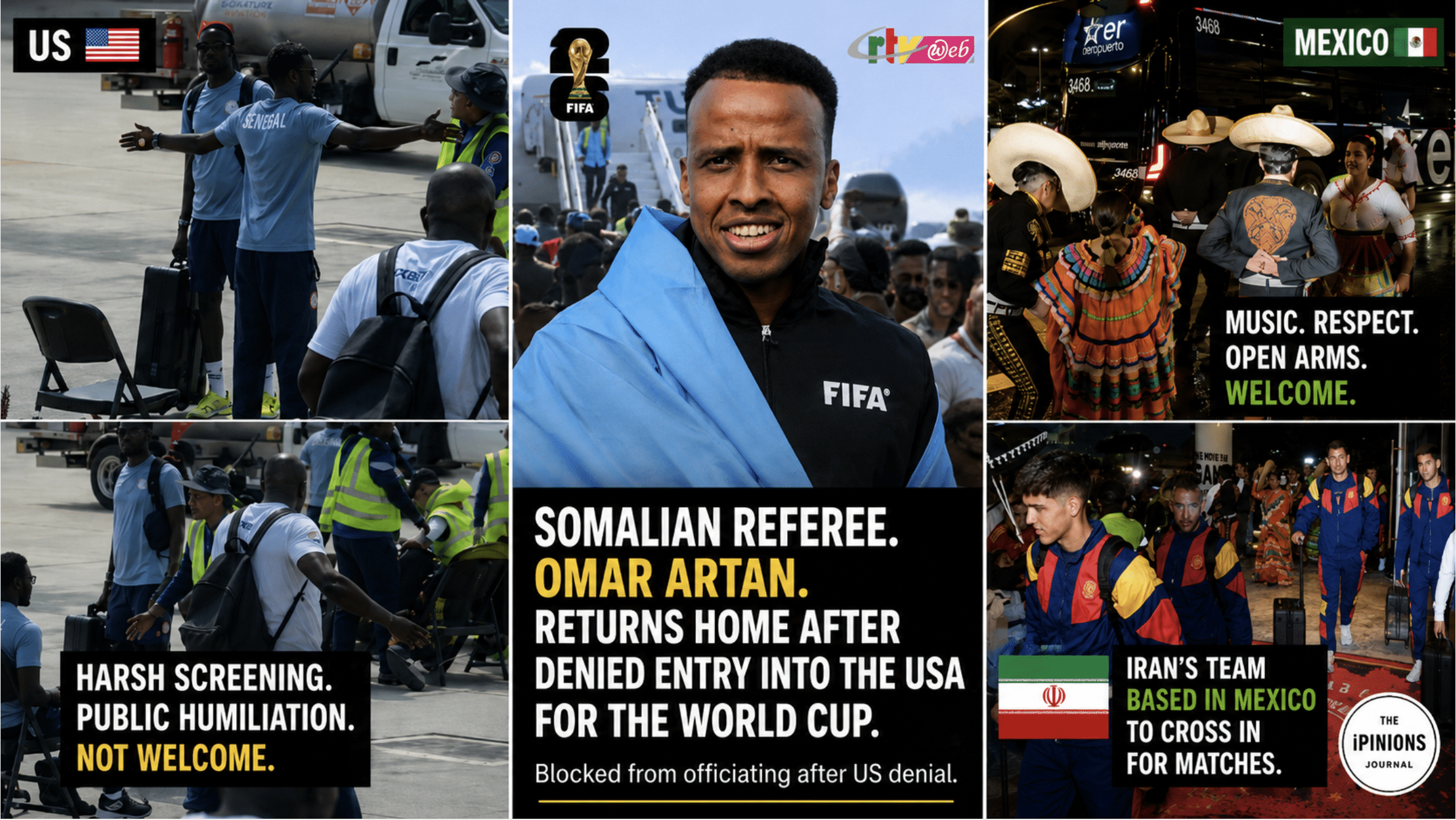 Collage of teams arriving for 2026 World Cup with Somali referee denied entry