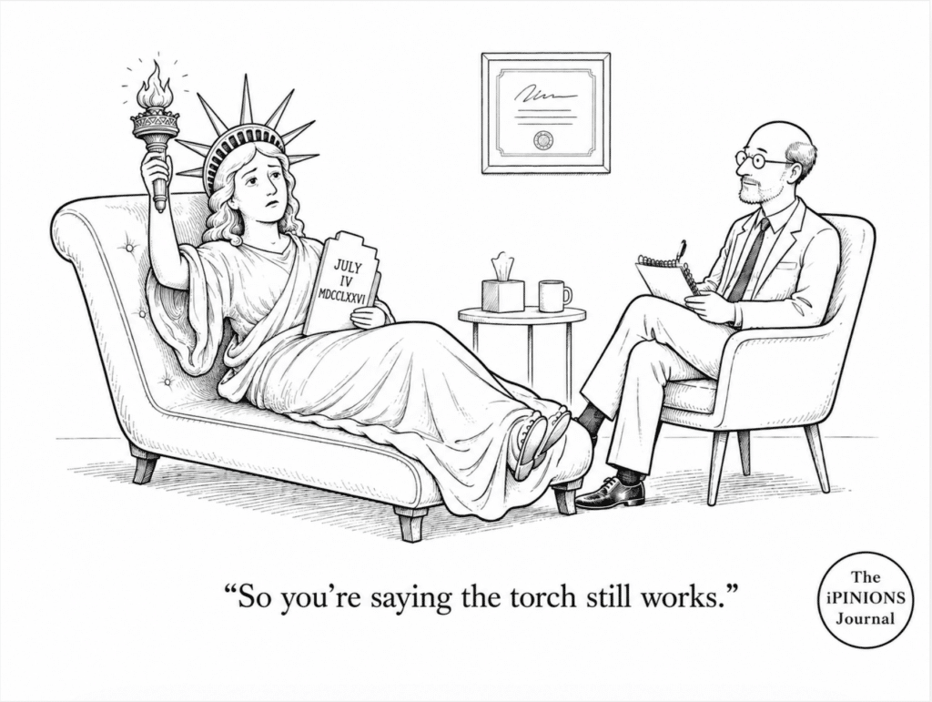 Lady Liberty reclines on a therapist’s couch, holding her torch and tablet, while a therapist takes notes. The caption reads, “So you’re saying the torch still works.”