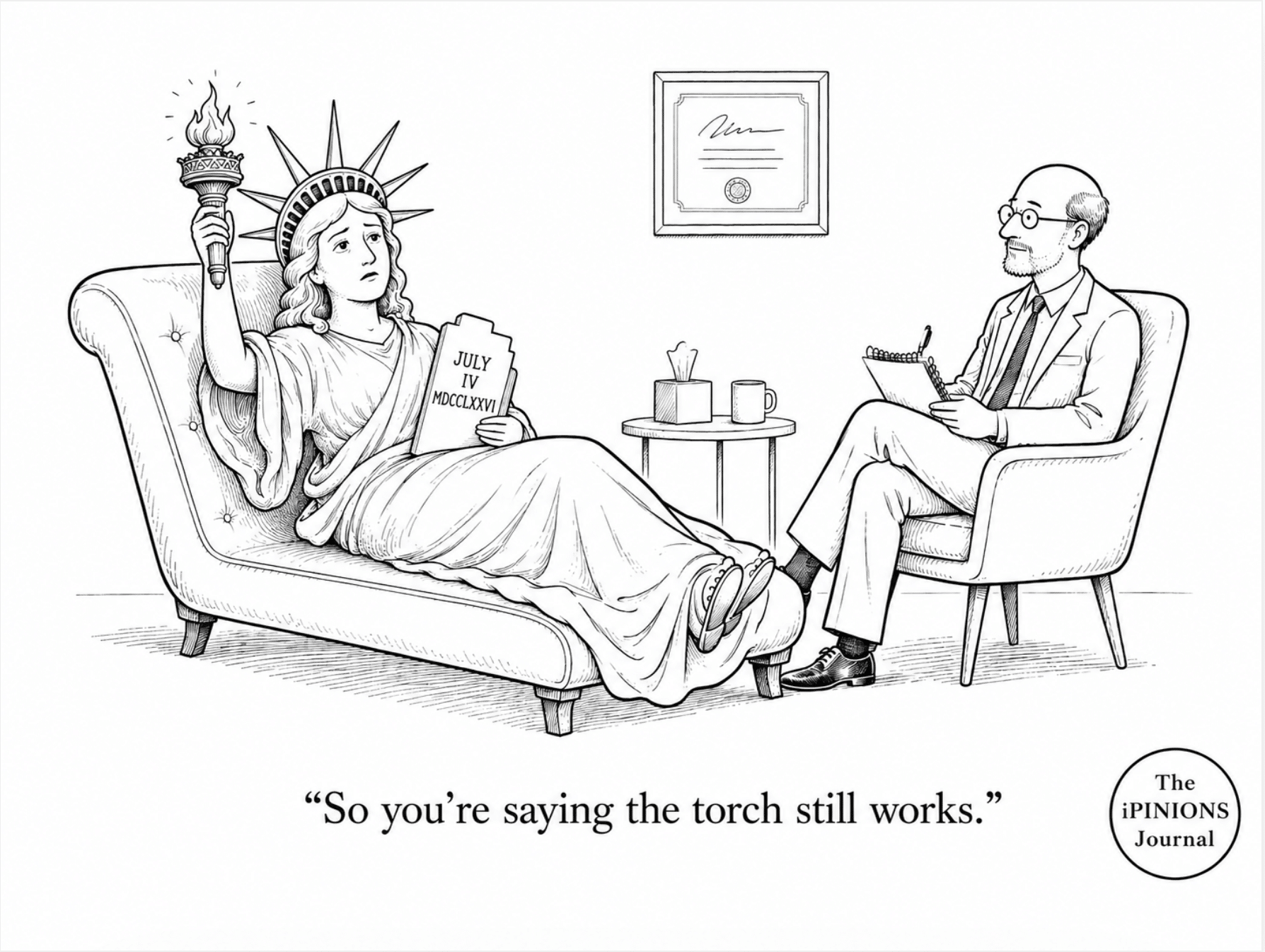 Lady Liberty reclines on a therapist’s couch, holding her torch and tablet, while a therapist takes notes. The caption reads, “So you’re saying the torch still works.”