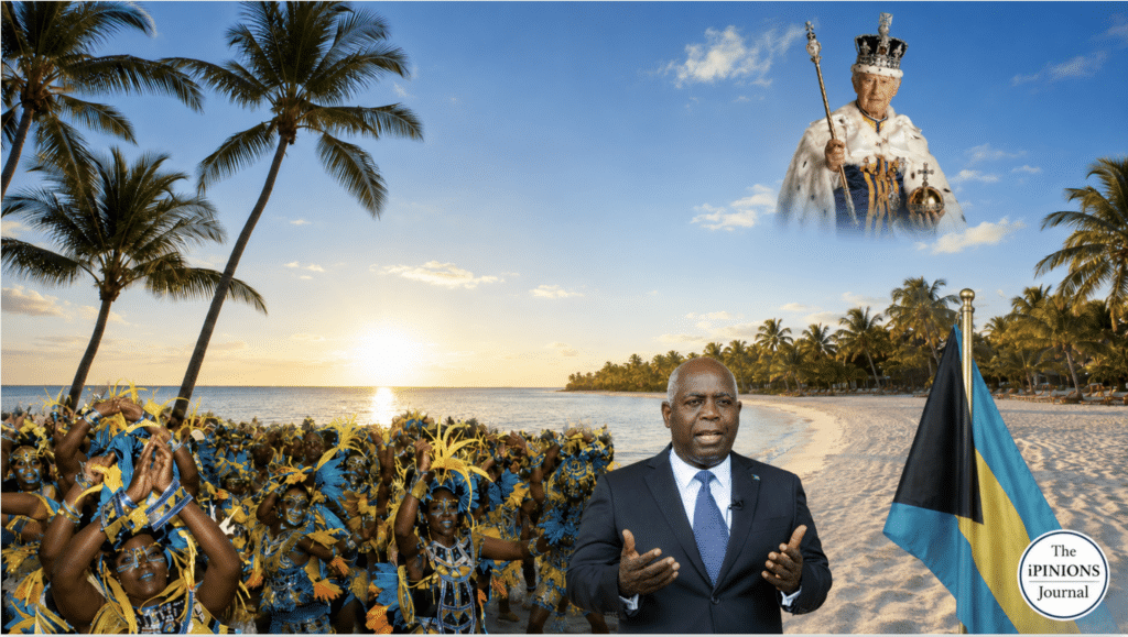Bahamian revelers and Prime Minister Philip Davis on a beach beneath a looming British monarch.