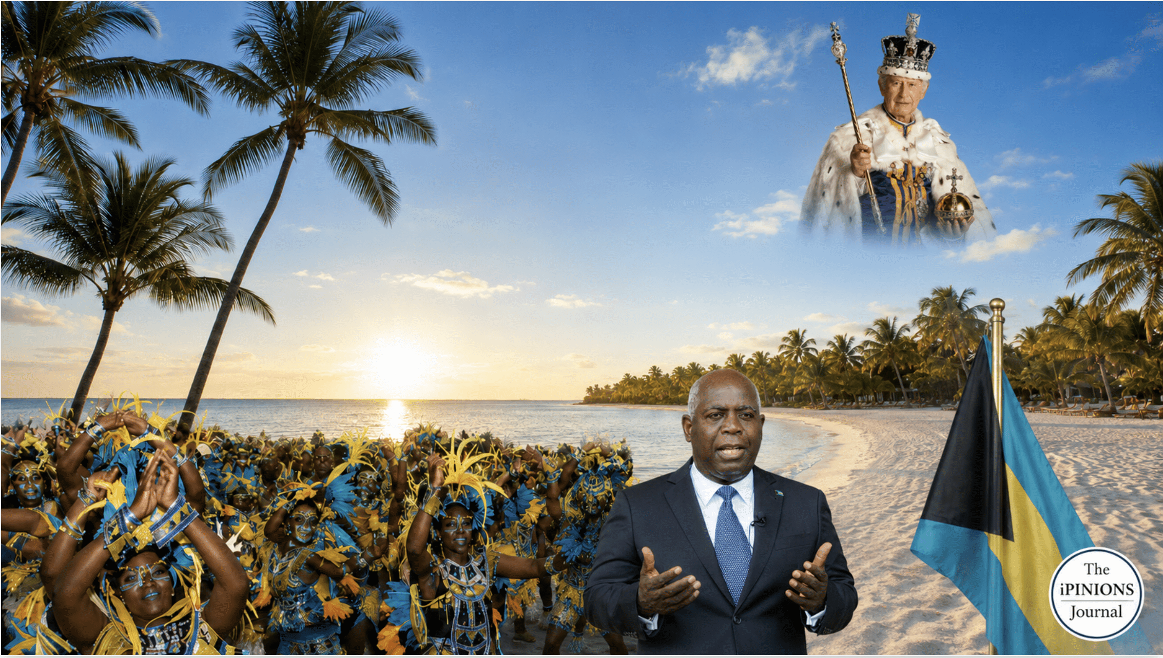Bahamian revelers and Prime Minister Philip Davis on a beach beneath a looming British monarch.