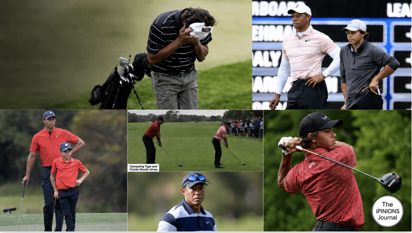 Editorial collage of Tiger and Charlie Woods, including Charlie covering his face after missing the cut.