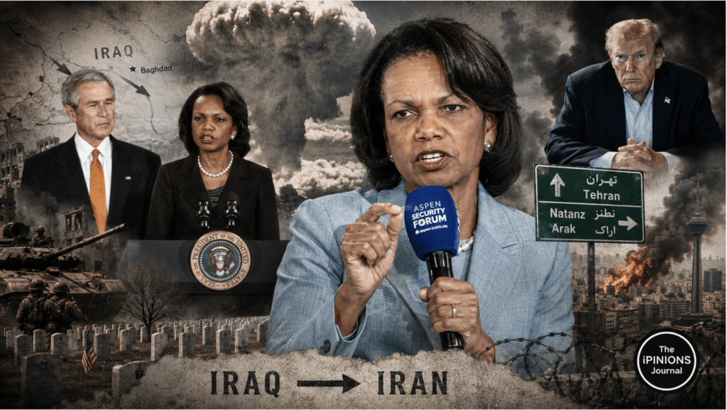 Condoleezza Rice between Bush-era Iraq imagery and Trump’s Iran war, with a mushroom cloud and battlefield destruction.