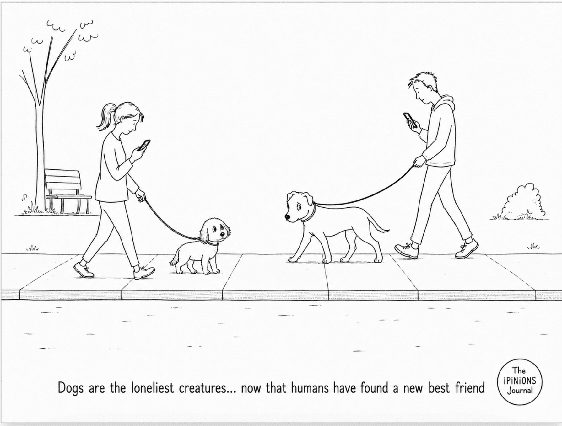 Two distracted owners stare at phones while their leashed dogs longingly pass each other.