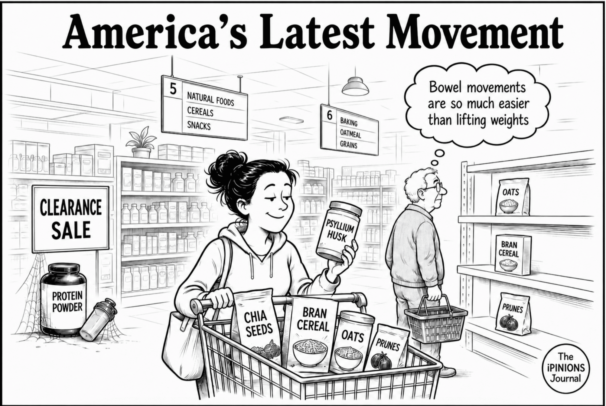 Cartoon shoppers choose fiber products while protein powder sits under a clearance sign.