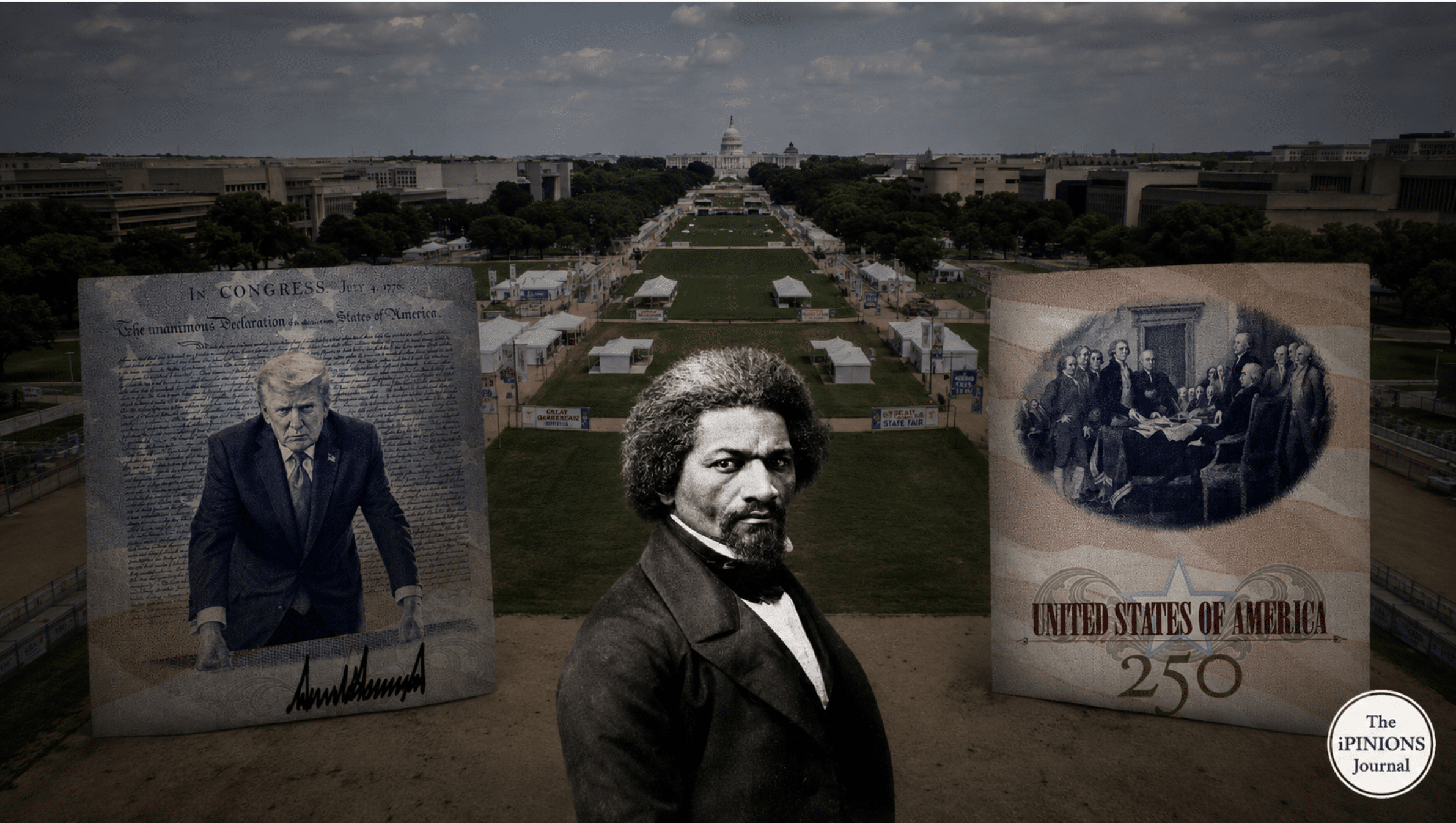 Editorial collage of Frederick Douglass centered over an empty National Mall fair, flanked by Trump’s America250 passport image and the Founding Fathers signing the Declaration.