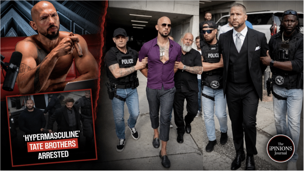 Andrew and Tristan Tate escorted by police beside Andrew Tate posing with a cigar