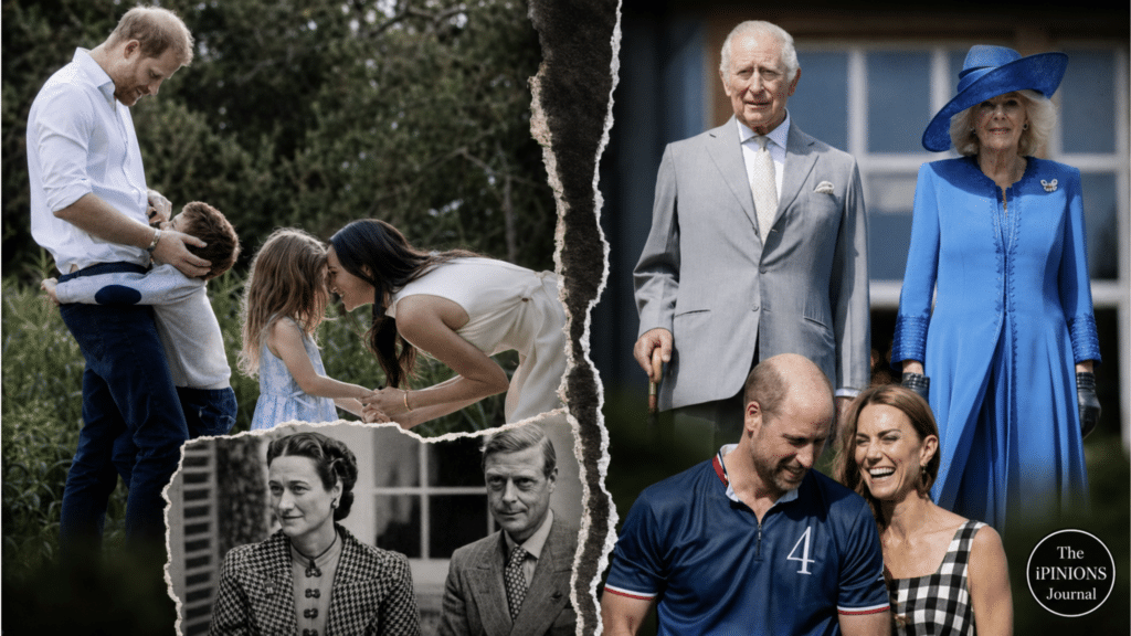 Torn-paper royal collage showing Harry’s family separated from Charles, Camilla, William and Kate.