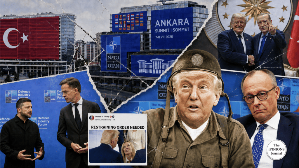 Editorial collage showing a fractured NATO alliance with Trump in a helmet beside Merz, Erdogan, Zelensky, and Rutte against an Ankara summit backdrop.