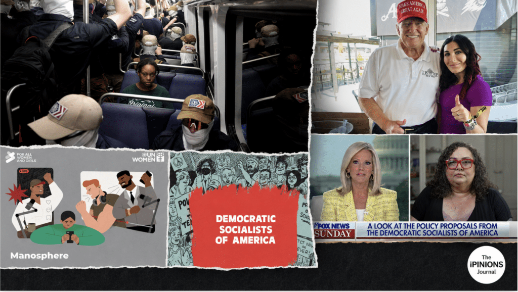 Editorial collage contrasting Trump, Laura Loomer and Patriot Front with Fox News interviewing DSA co-chair Megan Romer.