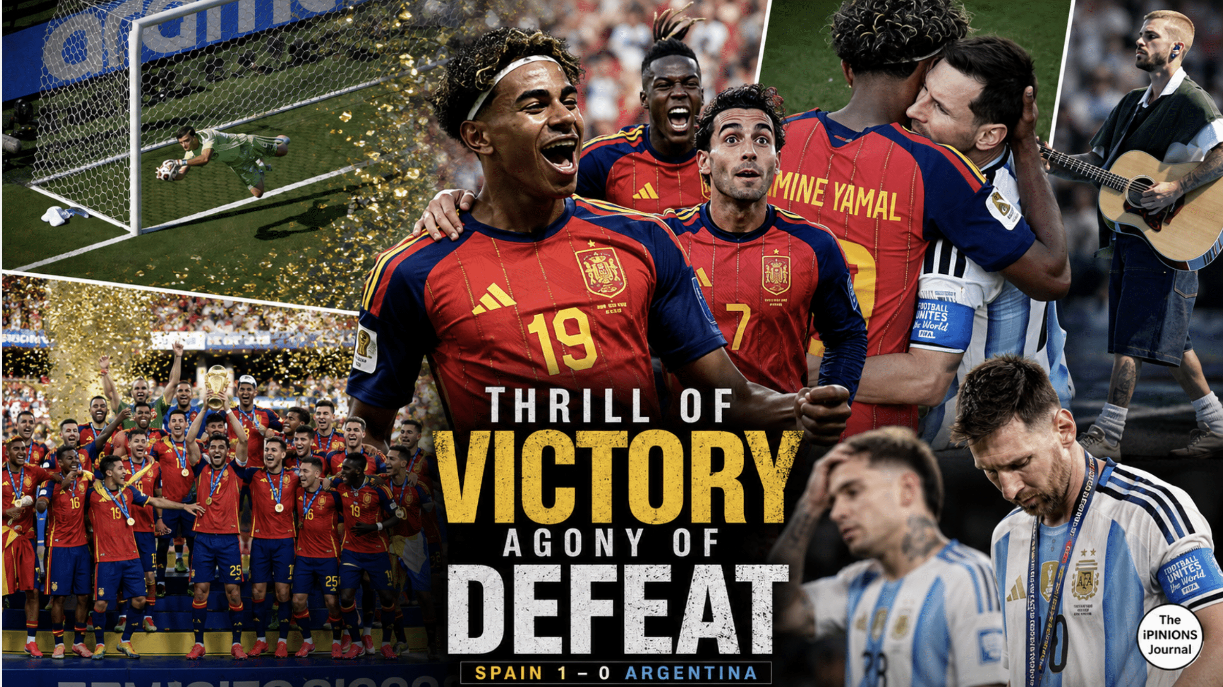 Spain’s Black stars celebrate as Argentina players despair after the World Cup final.