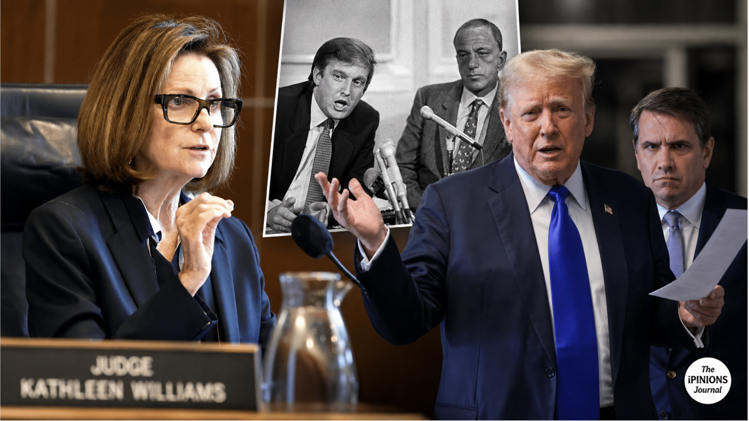 Judge Kathleen Williams faces Donald Trump and Todd Blanche, with Trump and Roy Cohn inset.