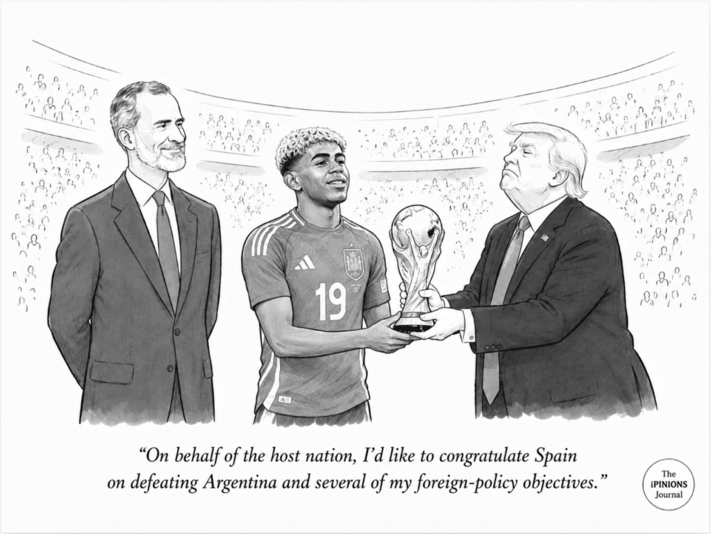 Trump presents the World Cup trophy to Lamine Yamal as King Felipe VI watches.
