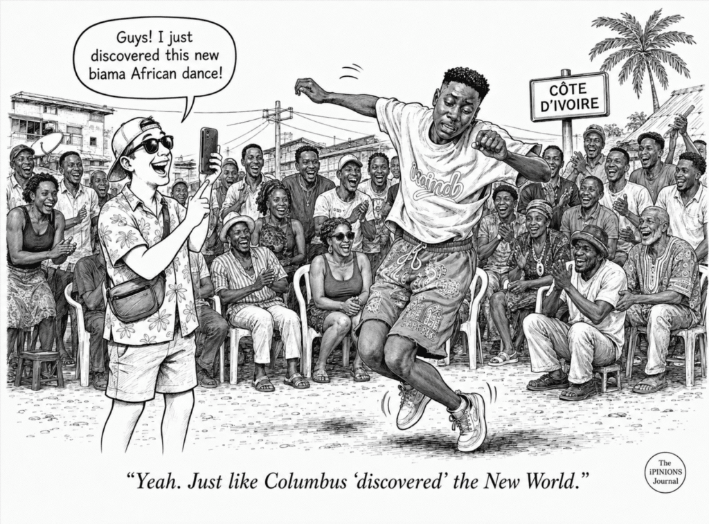 Cartoon of a biama dancer in Côte d’Ivoire as a tourist films and claims to have discovered the dance.