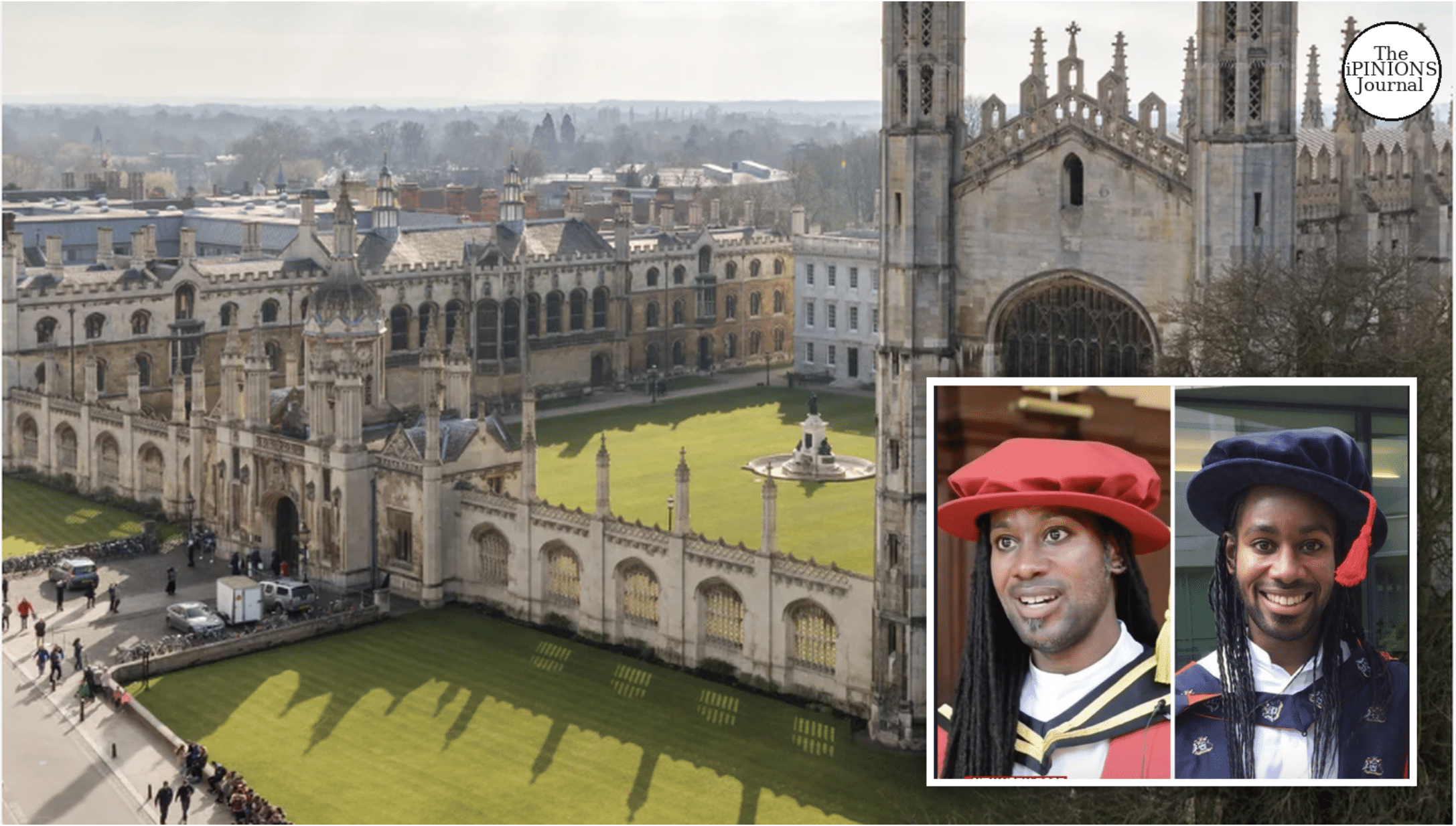 Jason Arday portraits over a Cambridge University courtyard.