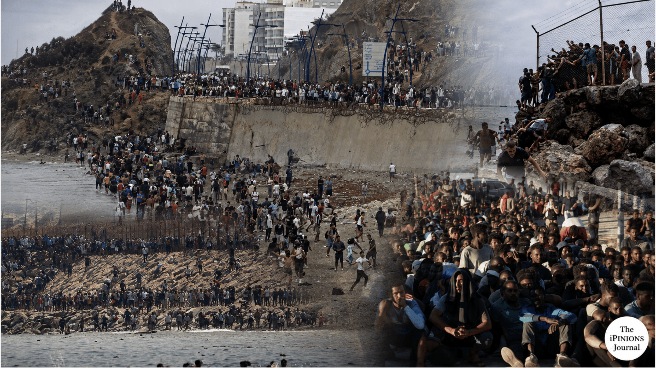 Editorial collage of migrants crowding Ceuta’s shoreline, seawall, and border fence.