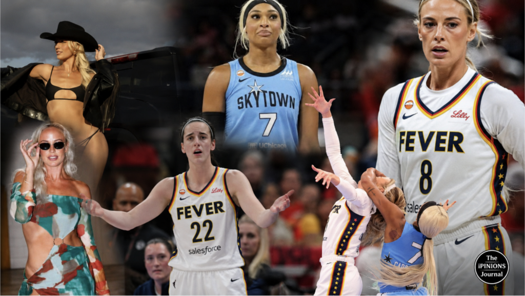 Editorial collage of WNBA players and media figures amid a culture-war backdrop.