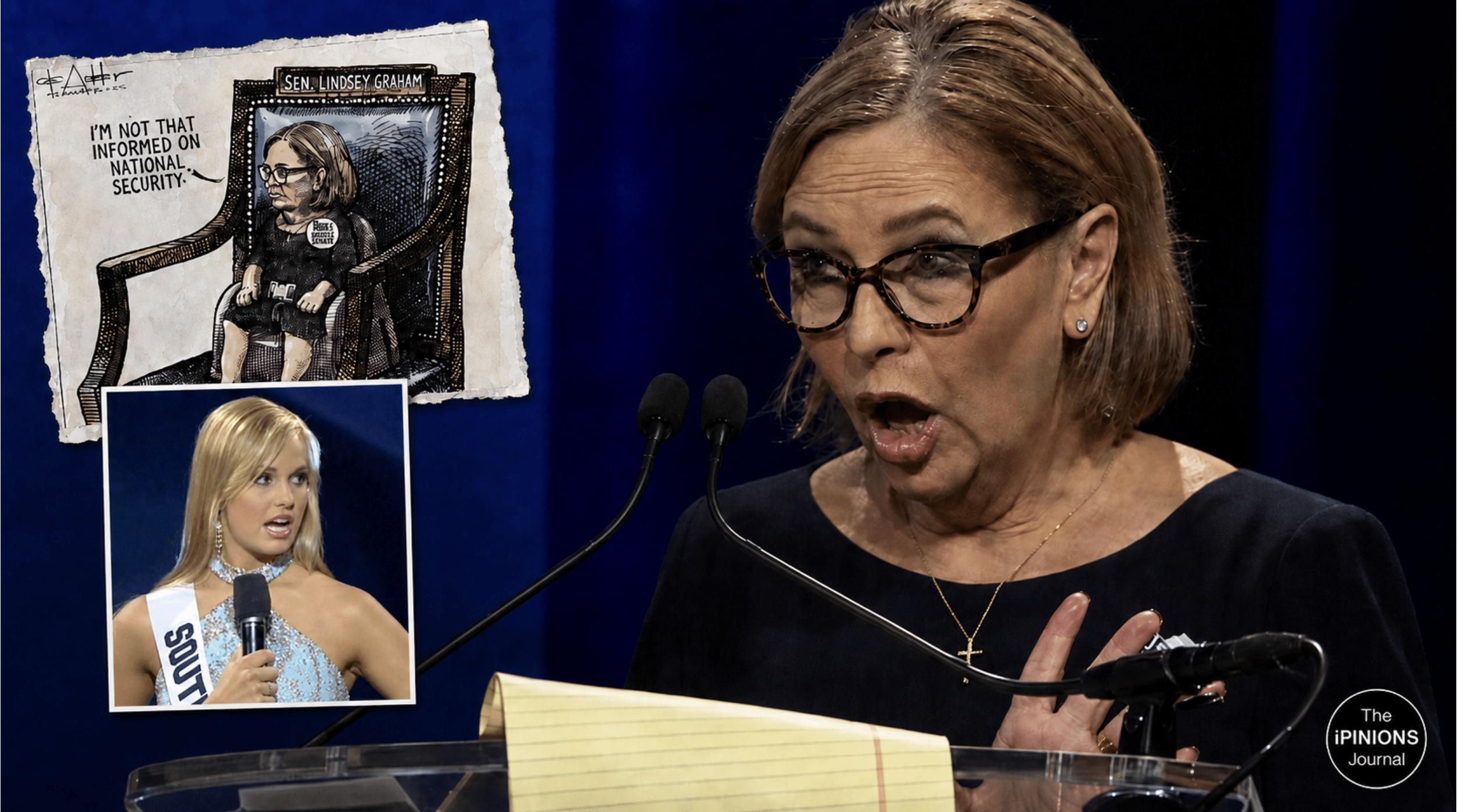 Darline Graham at a Senate debate beside a political cartoon and Miss Teen South Carolina inset.