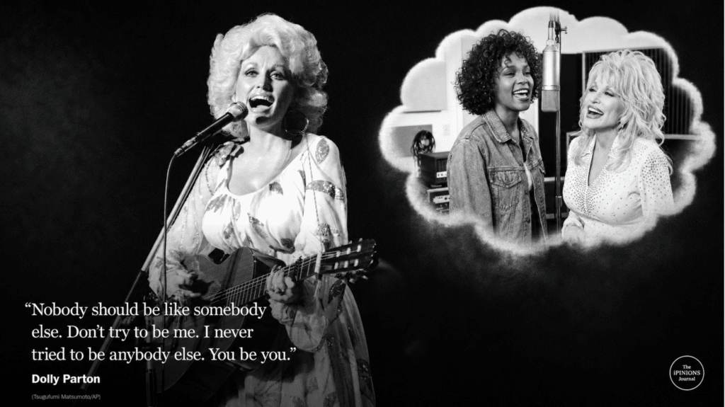 Dolly Parton performing, with Whitney Houston and Parton pictured together in a cloud inset.