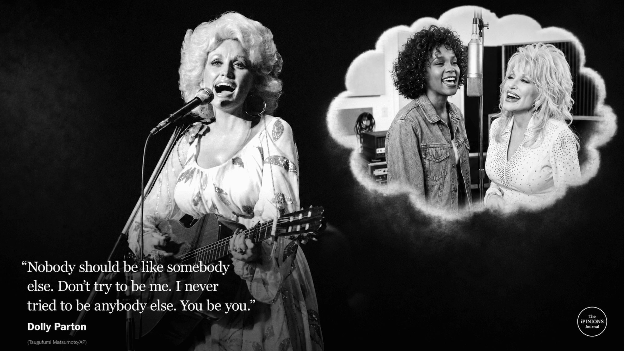 Dolly Parton performing, with Whitney Houston and Parton pictured together in a cloud inset.