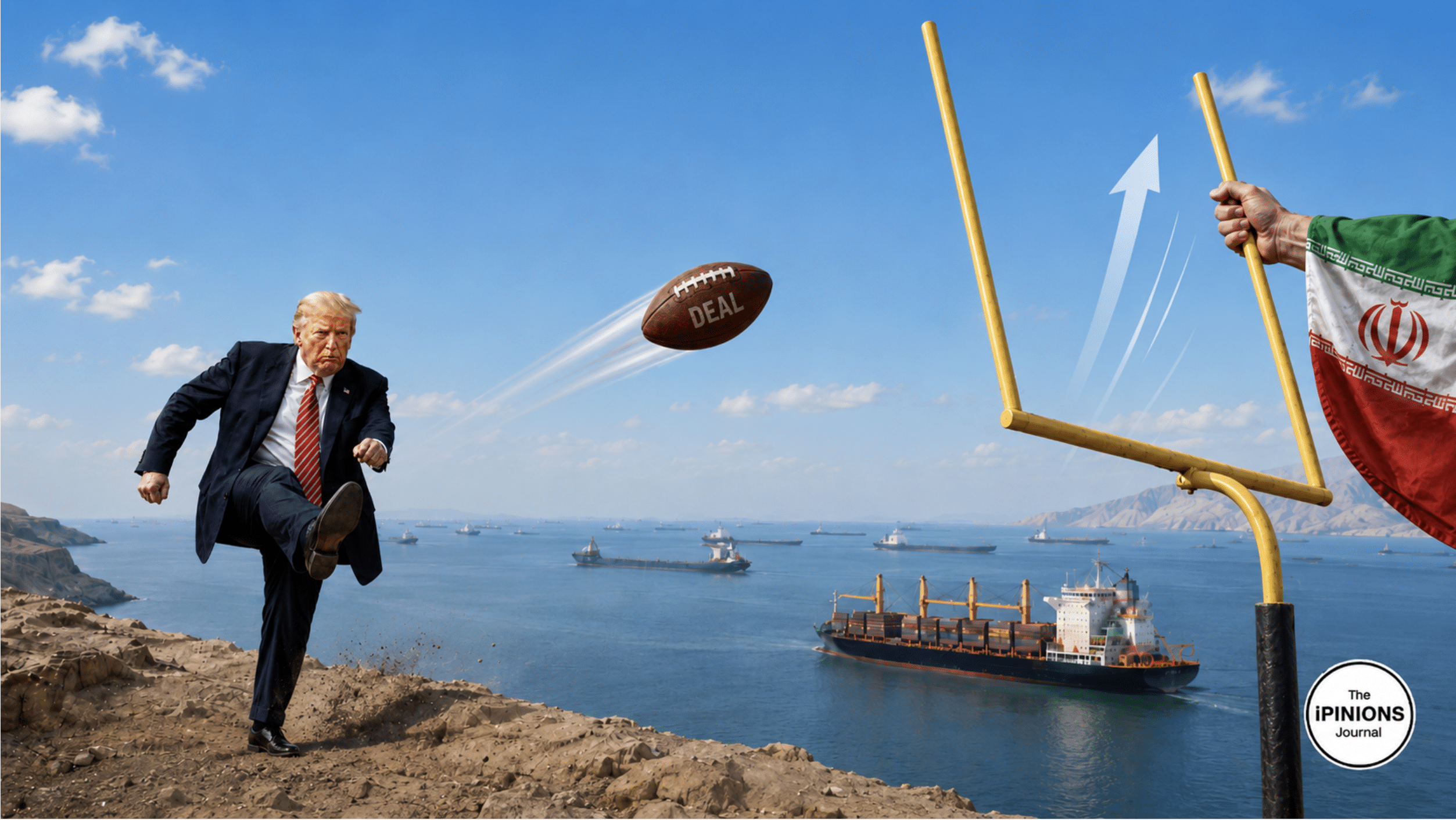Trump kicks a football toward a goalpost as an Iran-flagged hand yanks the uprights away over the Strait of Hormuz.