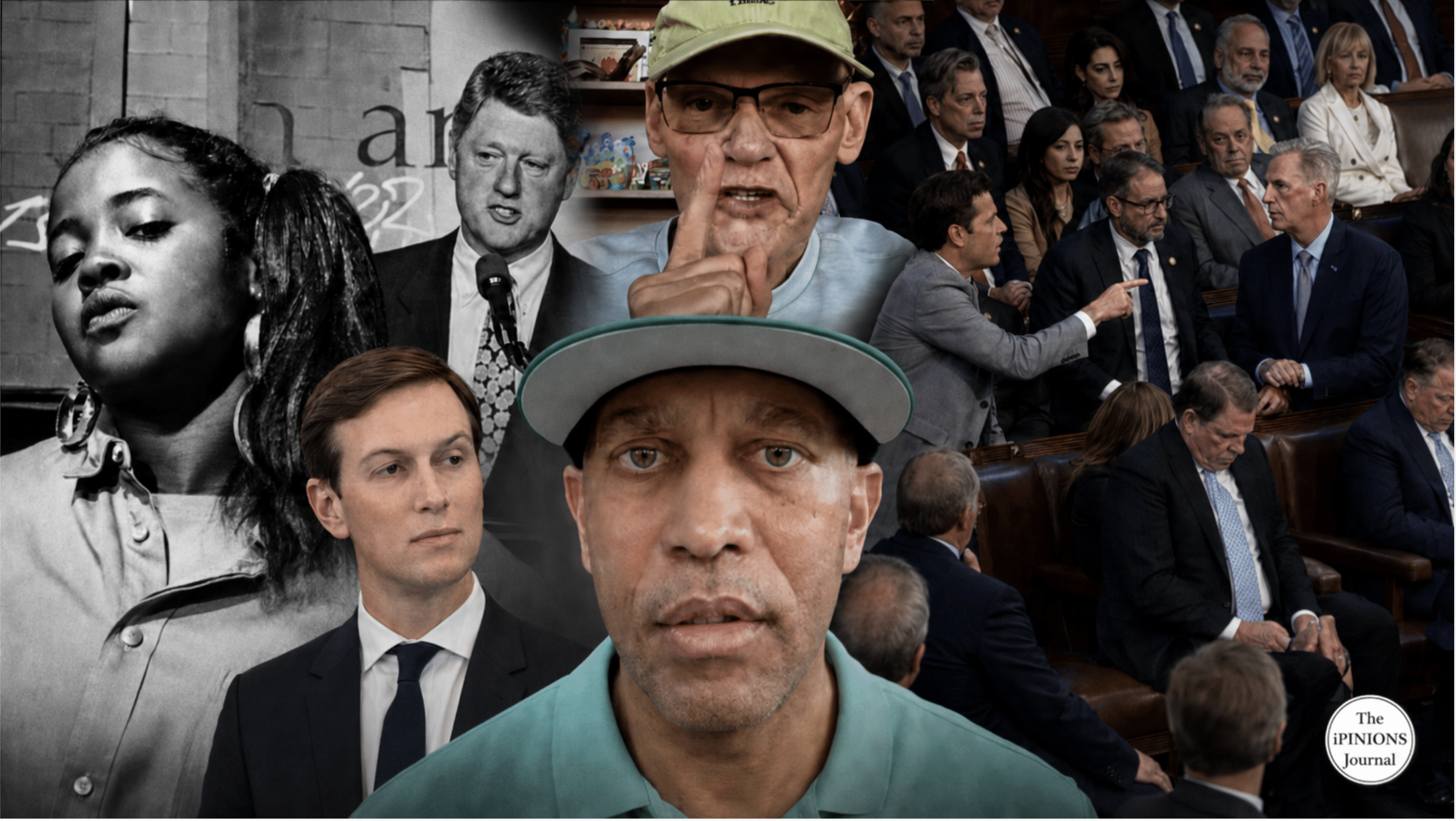 Hakeem Jeffries centered in a political collage with Jared Kushner, James Carville, Bill Clinton, Sister Souljah, Matt Gaetz, and Kevin McCarthy.