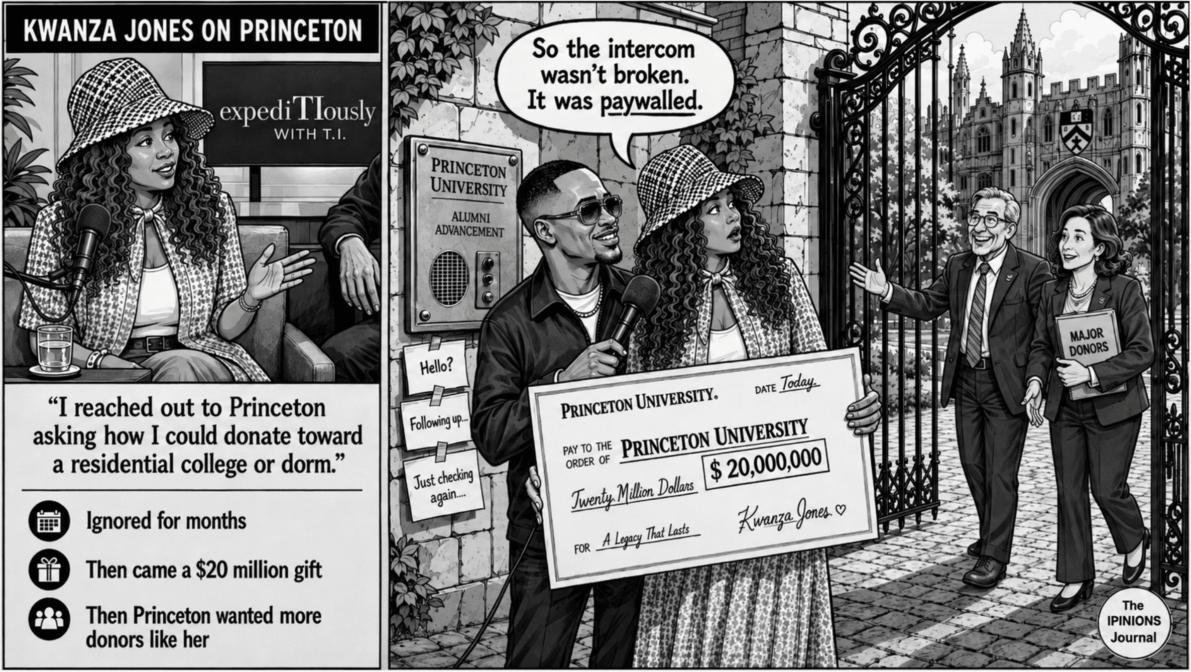 Cartoon of Kwanza Jones and T.I. presenting Princeton a $20 million check after Princeton ignored her earlier outreach.