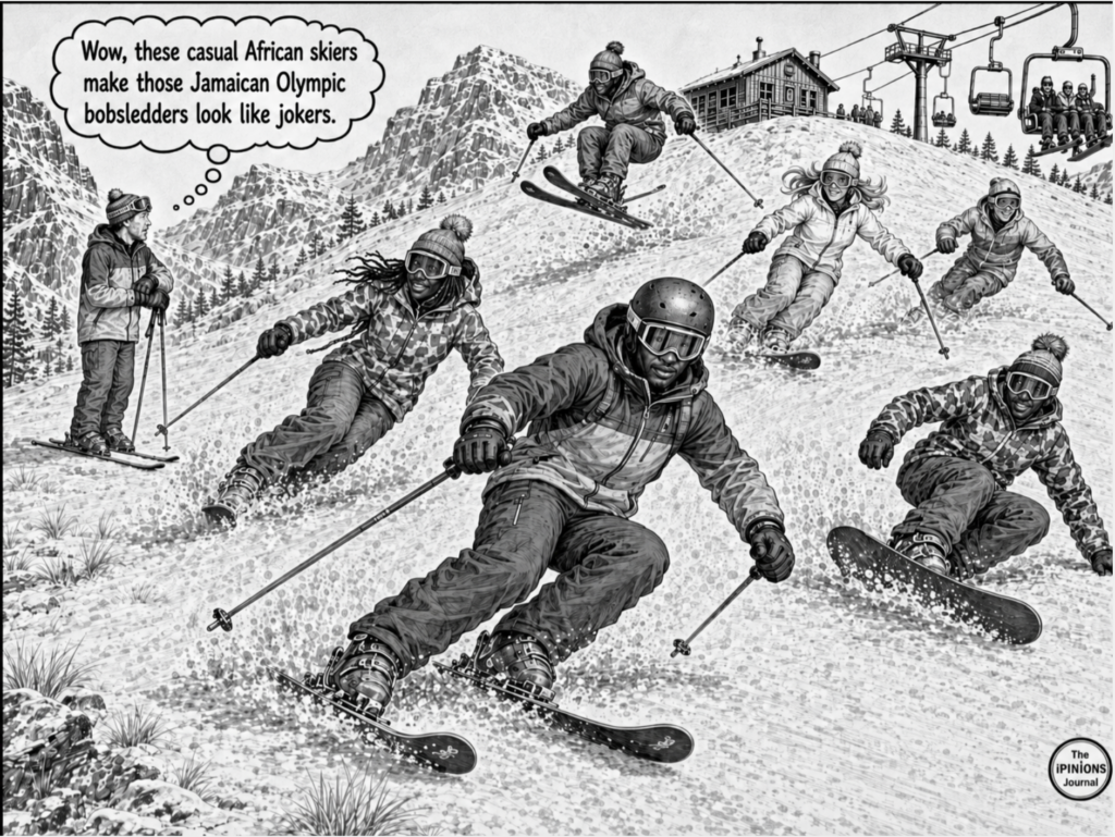 Black and White skiers carving down a snowy Lesotho slope as a White skier watches in amazement.