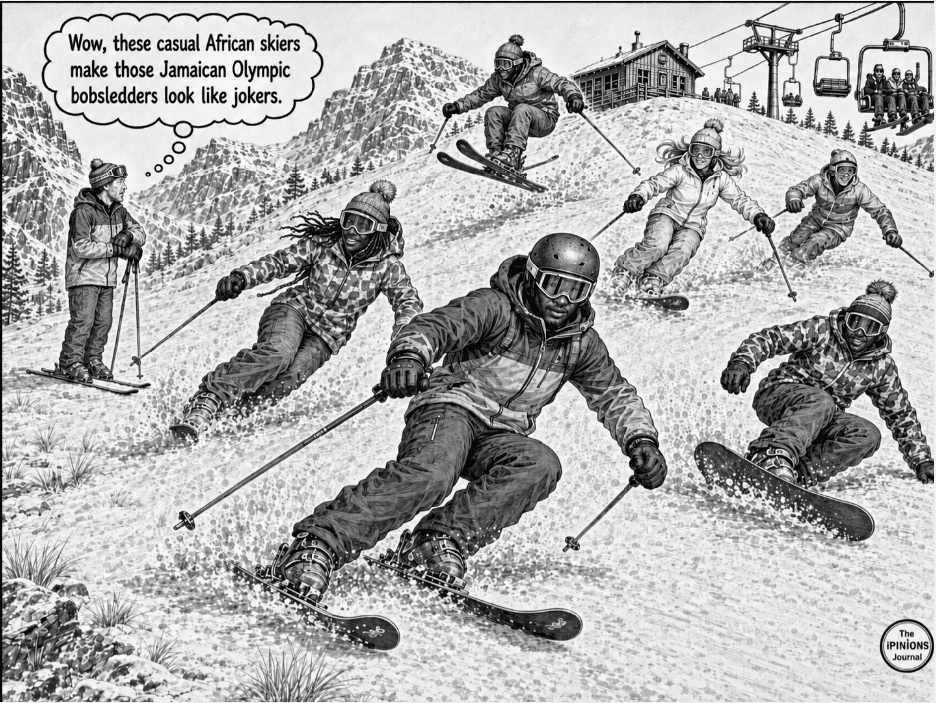 Black and White skiers carving down a snowy Lesotho slope as a White skier watches in amazement.