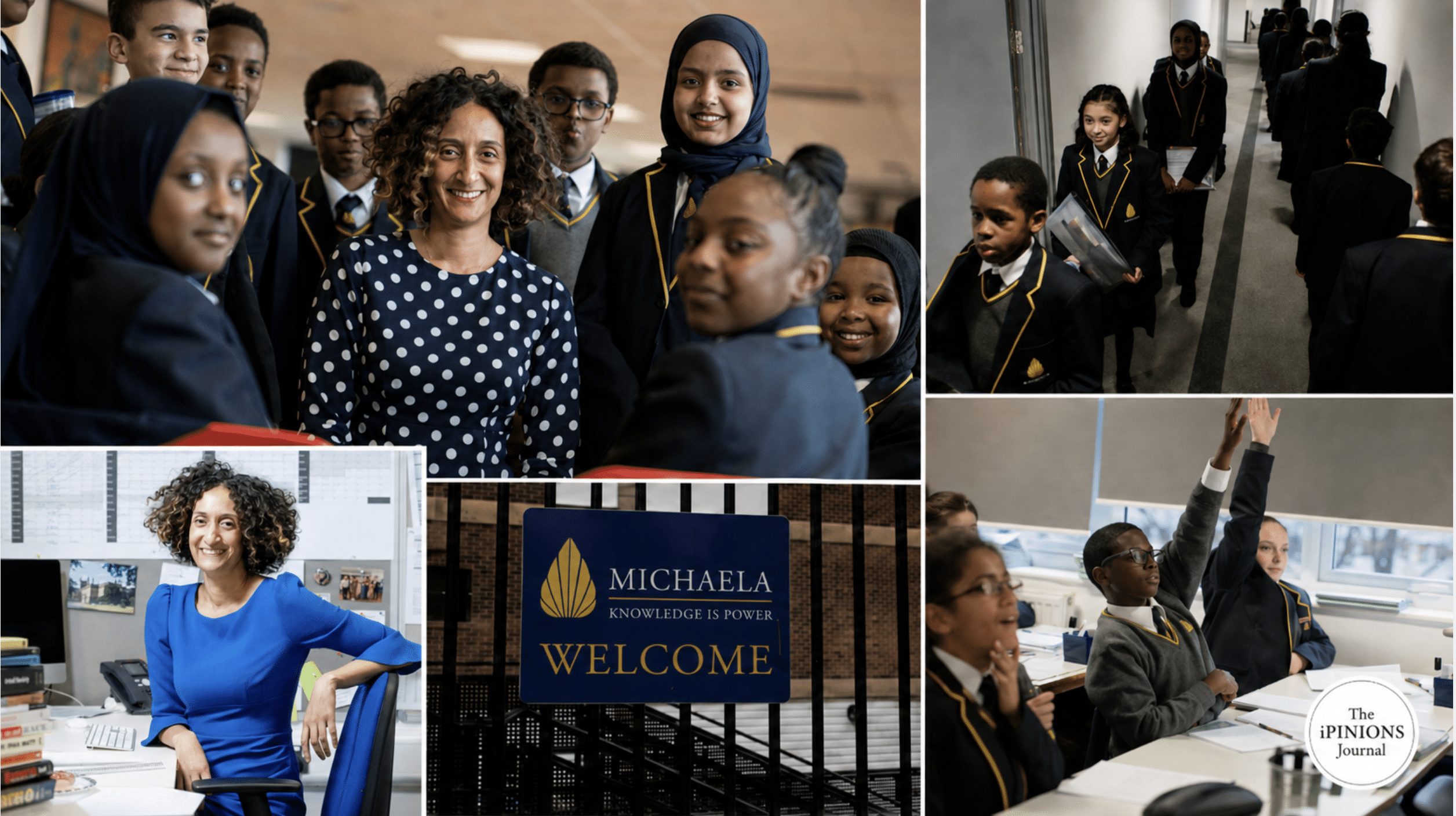 Katharine Birbalsingh with Michaela Community School students in an editorial collage of classrooms, corridors, and the school entrance.