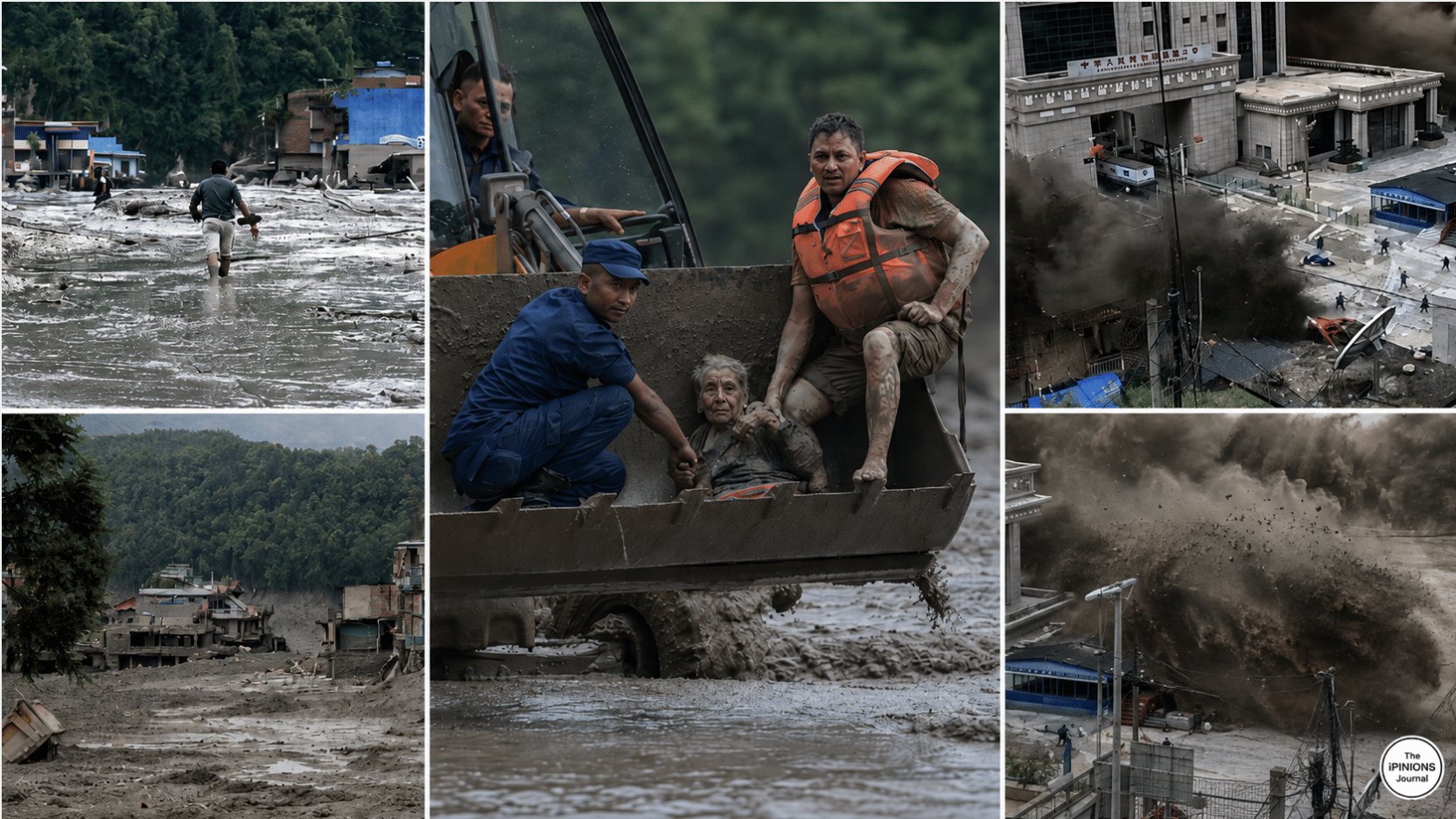 Editorial collage showing rescue workers, flood devastation, and mudslides along the Nepal-China border.