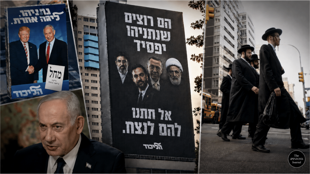 Editorial collage of Netanyahu, the Mamdani campaign billboard, Trump and Orthodox Jewish men.