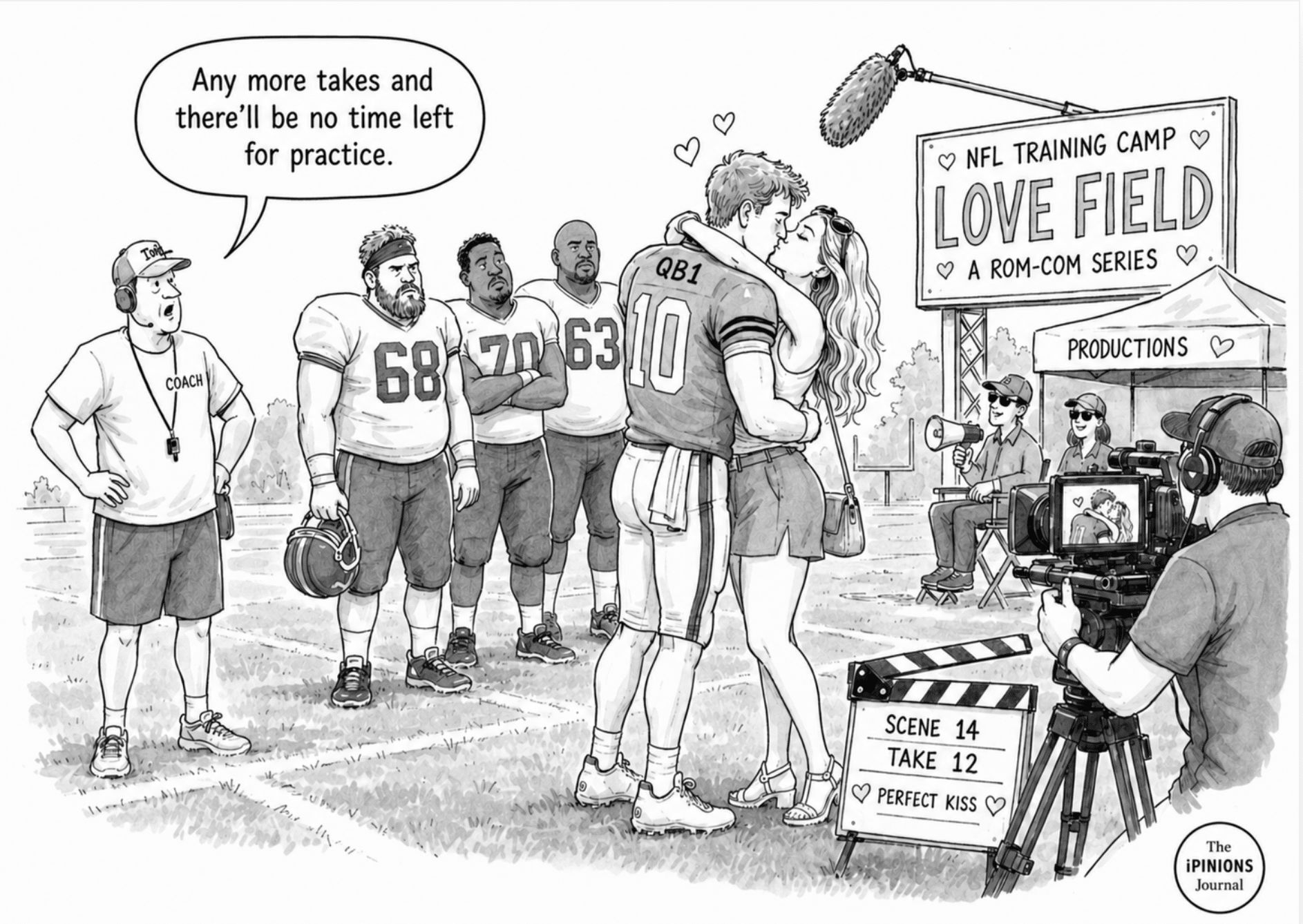 Black-and-white cartoon of an NFL training camp filmed like a rom-com as a quarterback kisses his girlfriend.