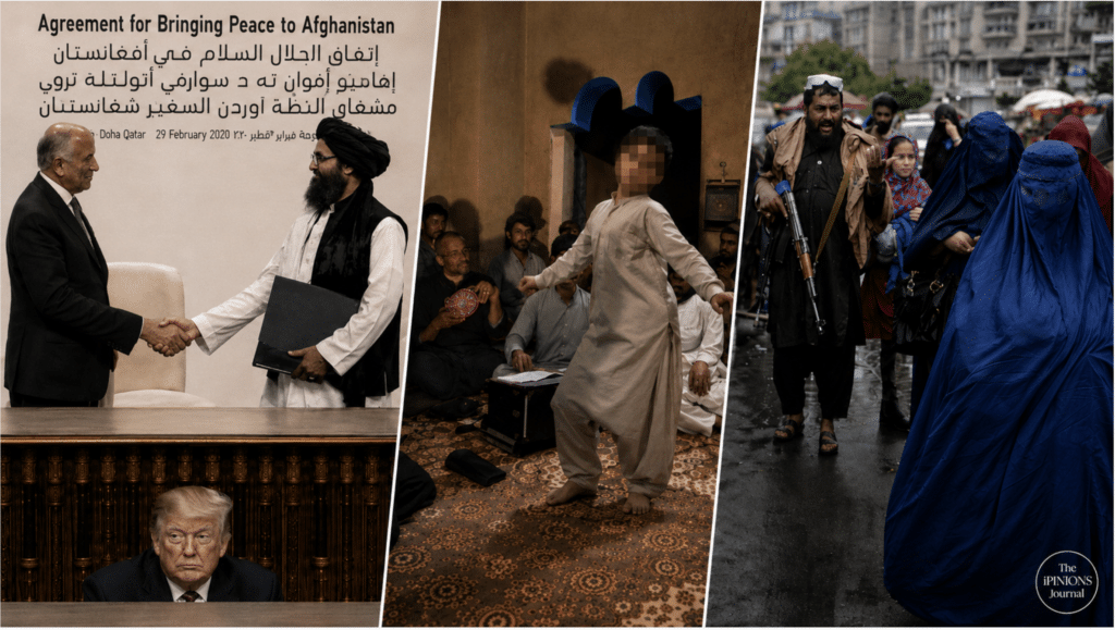 Trump beneath the Doha agreement, a bacha bazi dance, and burqa-clad Afghan women.