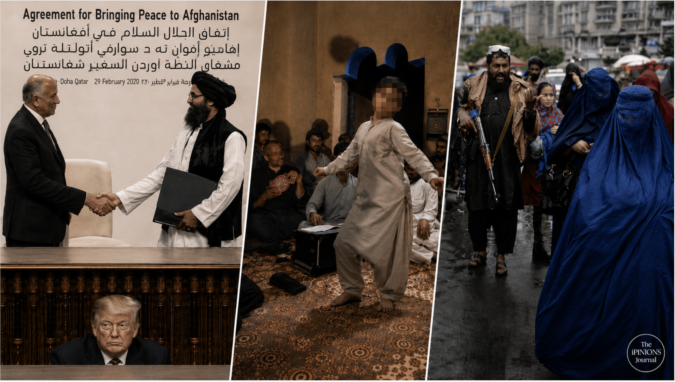 Trump beneath the Doha agreement, a bacha bazi dance, and burqa-clad Afghan women.