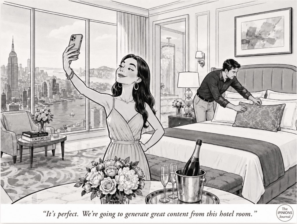 Woman takes a selfie in a luxury hotel suite while her partner stages the room.