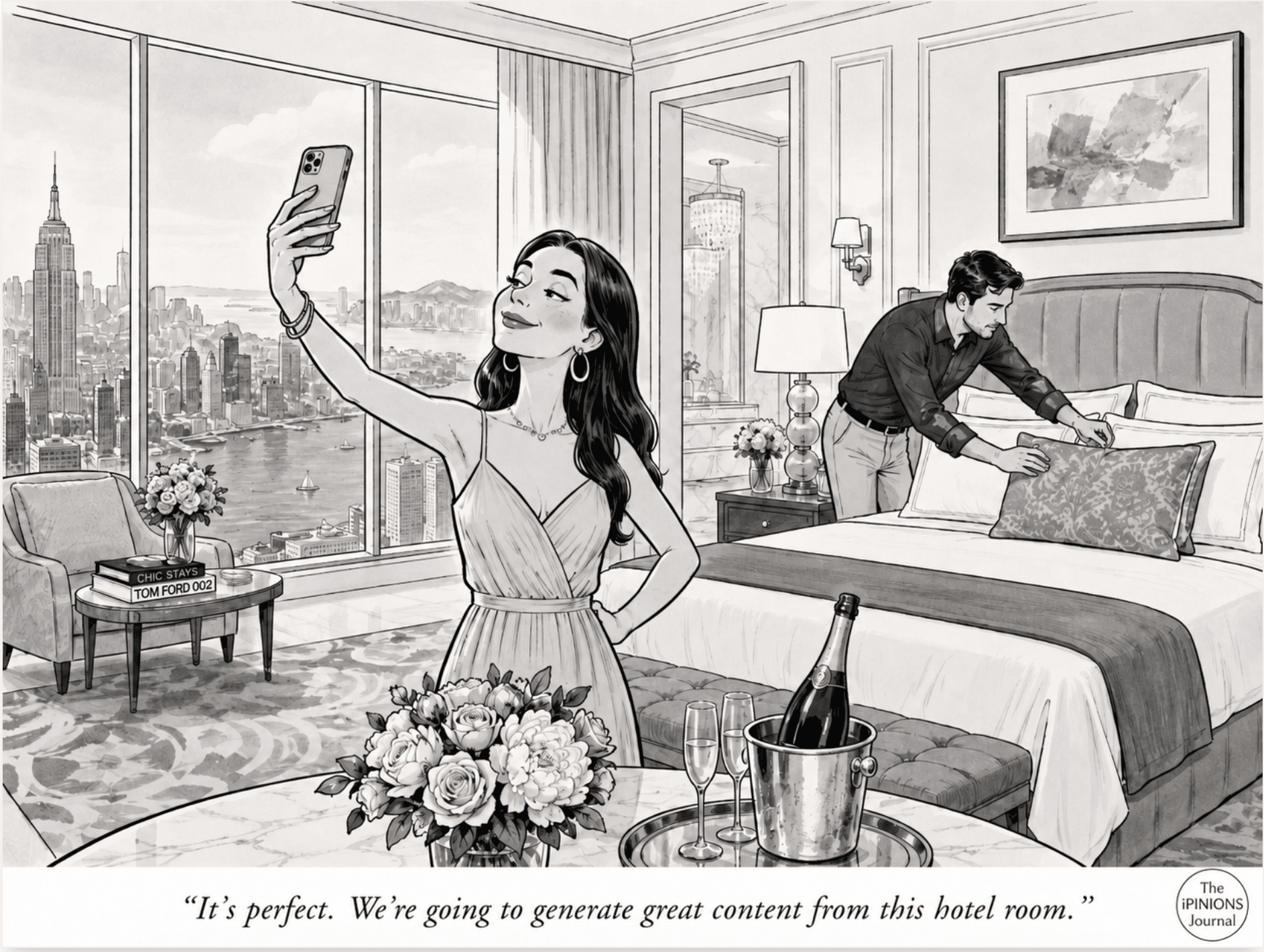 Woman takes a selfie in a luxury hotel suite while her partner stages the room.