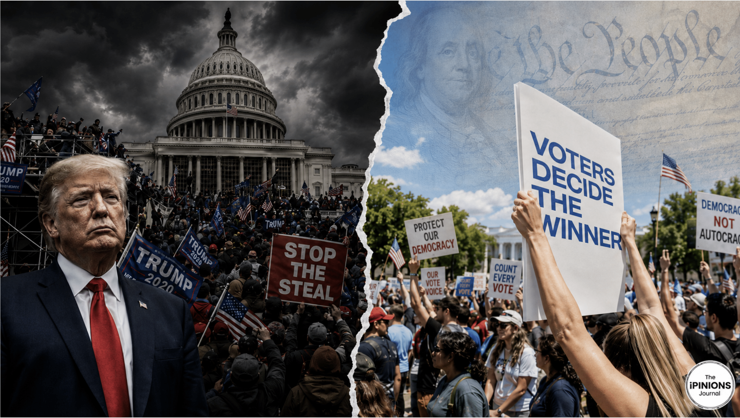 Trump and Jan. 6 chaos face pro-democracy protesters beneath Benjamin Franklin and “We the People.”