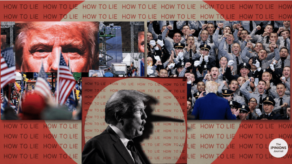 Editorial collage of Trump against a repeating “HOW TO LIE” backdrop, flanked by a rally crowd and cheering police officers.