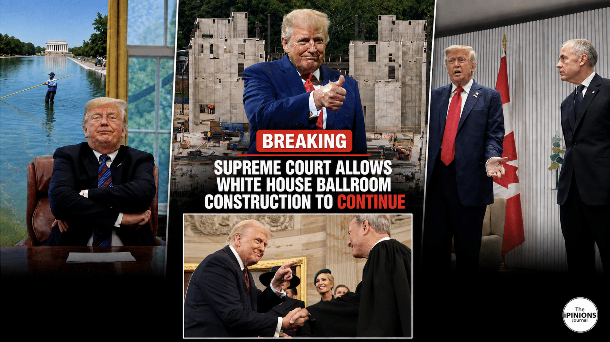 Editorial collage of the president with White House ballroom construction, the Reflecting Pool, a Canada meeting and Supreme Court imagery.