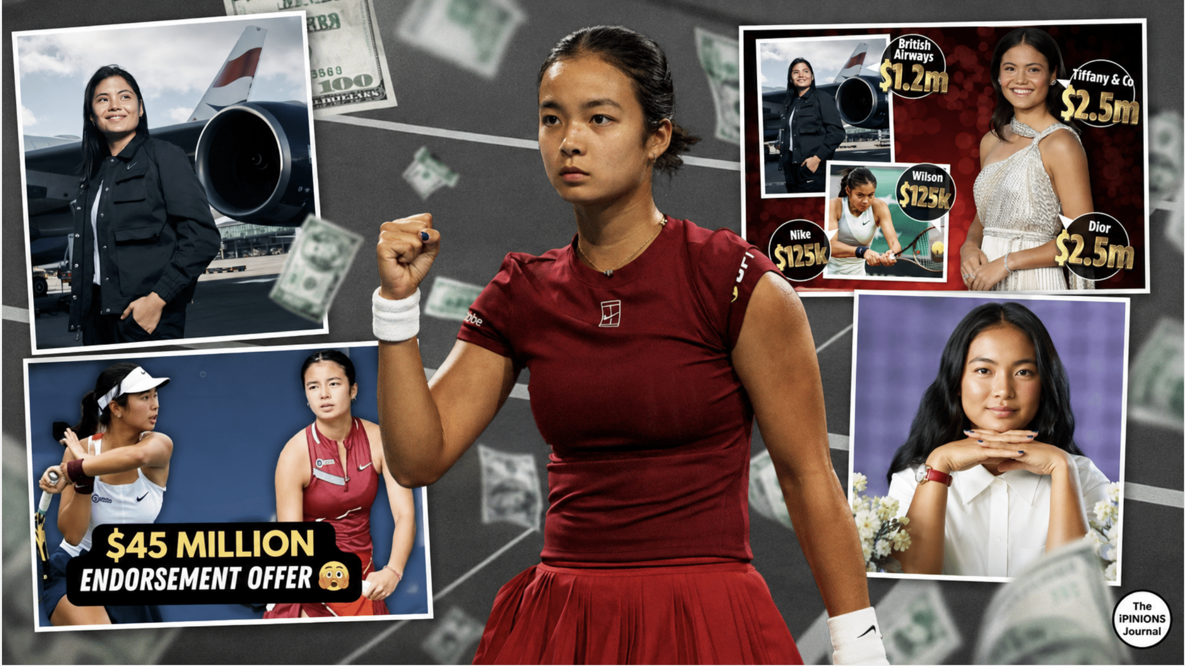 Alex Eala surrounded by sponsorship money and media imagery in an editorial tennis collage.