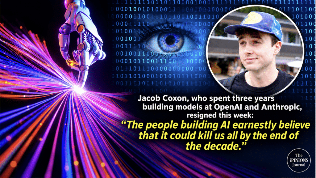 Robot hand, Jacob Coxon portrait, and his warning that AI could kill humanity.