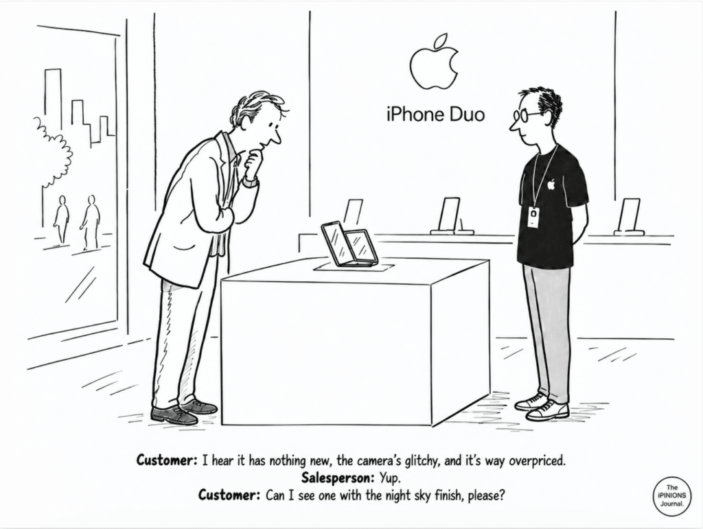 Black-and-white cartoon of a customer asking to see an iPhone Duo despite criticizing its price and flaws.