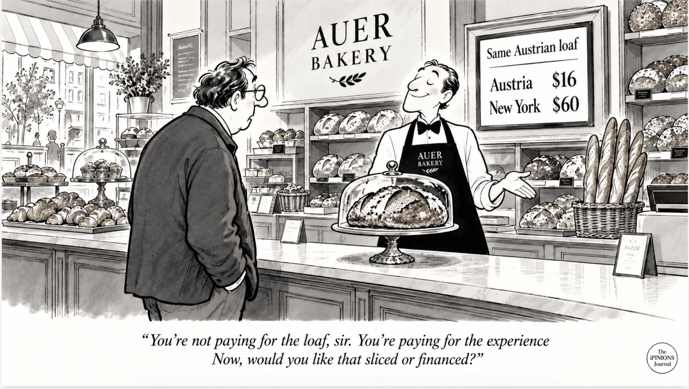 Cartoon of Auer Bakery selling a $60 loaf in New York versus $16 in Austria.