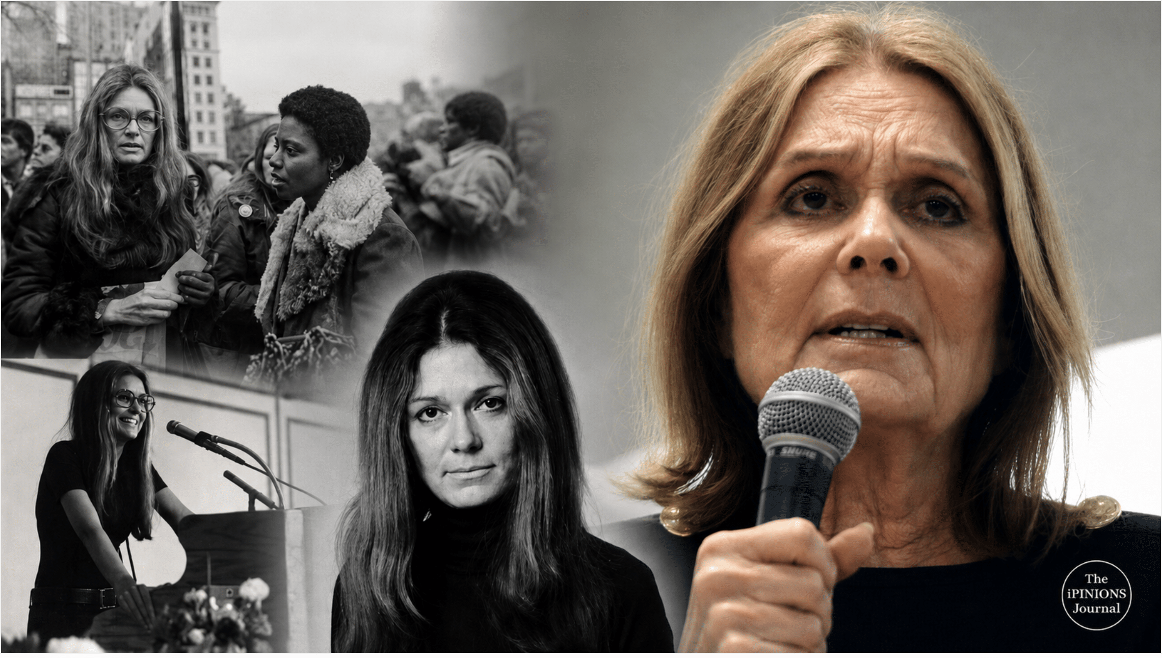 Photo collage of Gloria Steinem across decades of feminist activism and public life.