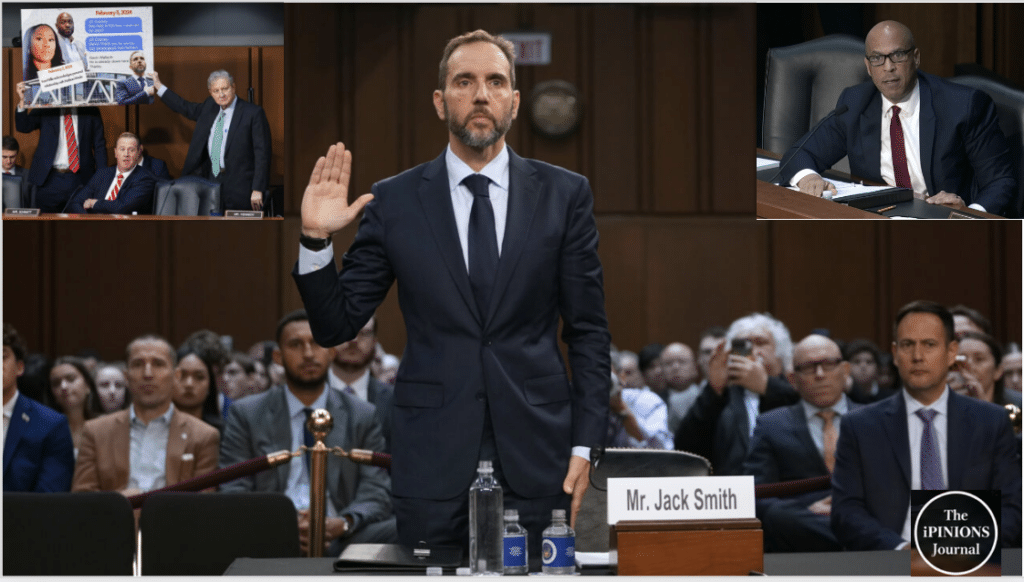 Jack Smith testifies before the Senate, flanked by images of Republican questioning and Cory Booker.